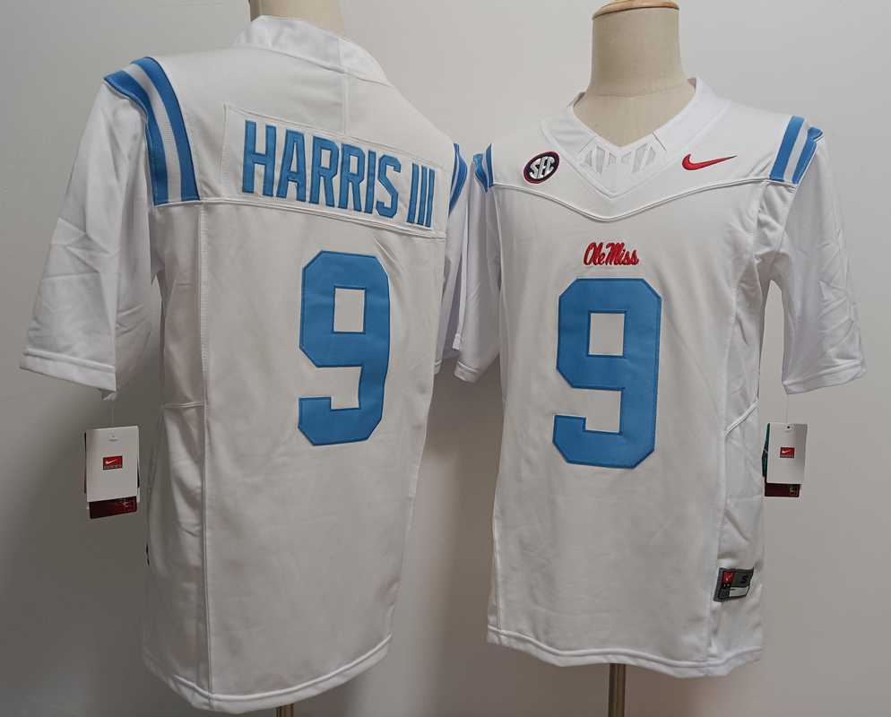 Mens Ole Miss Rebels #9 Tre Harris III White FUSE College Stitched Jersey